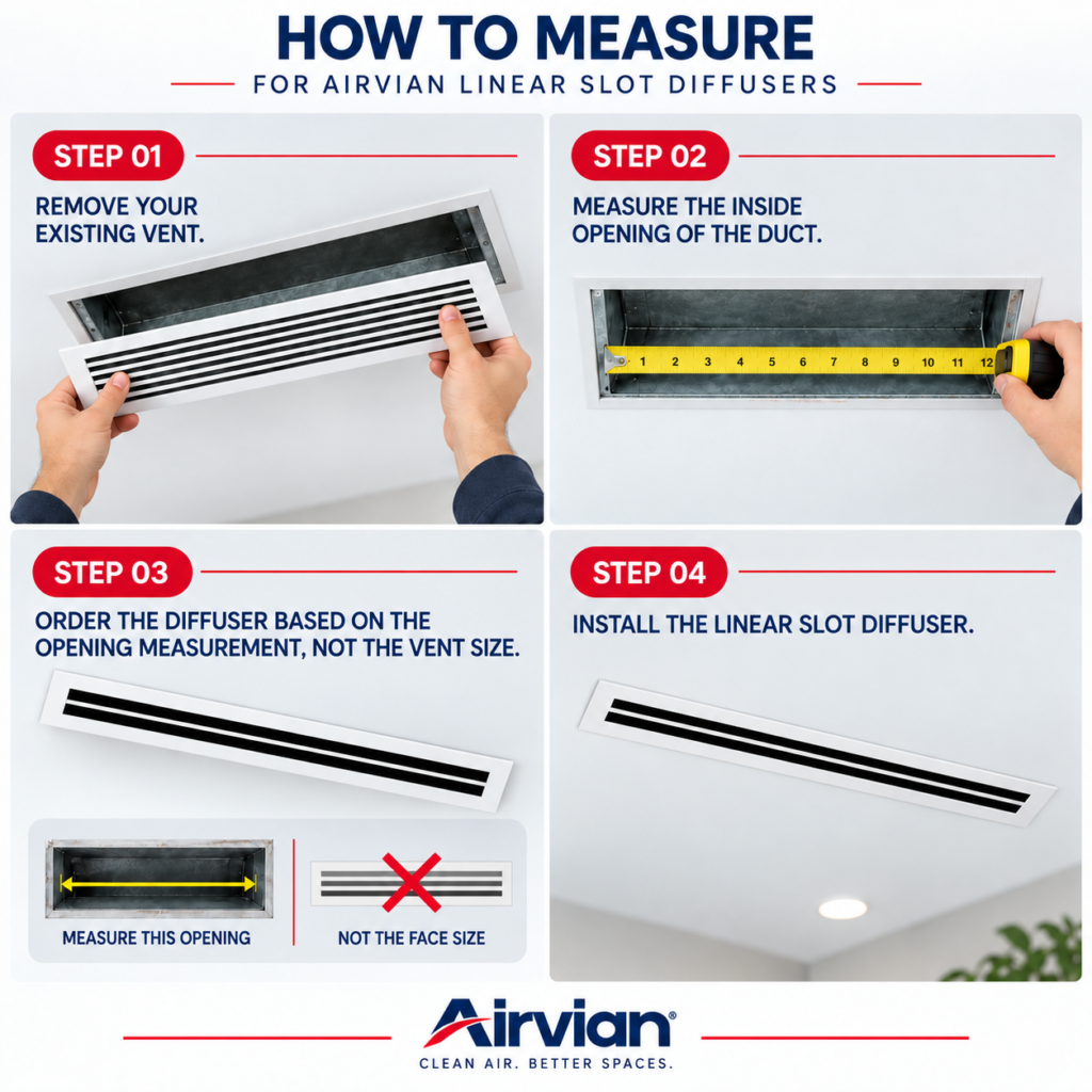 How to measure the inside duct opening for an Airvian linear slot diffuser